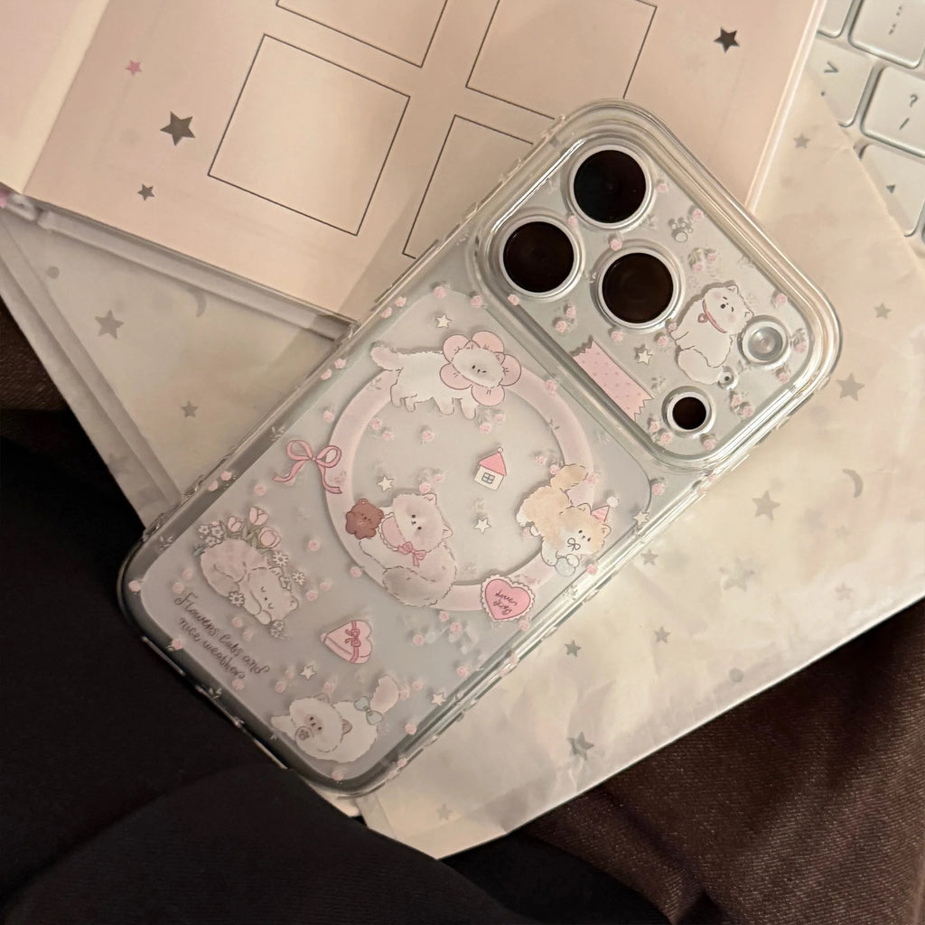 Korean Cartoon Kitten Love Heart Magnetic Bracket Phone Case For iPhone 17 16 15 14 13 12 Pro Max Clear Shockproof Soft Cover