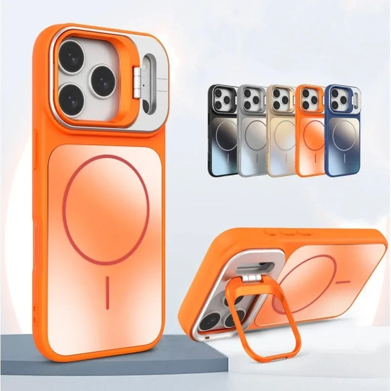 Fold Lens Stand Holder Bracket AG Matte Magnetic Case For iPhone 17 16 15 14 13 12/11 Pro Max For Magsafe Silicone Bumper Cover