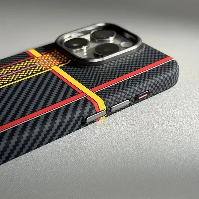 For iPhone 16 Pro 15 14 13 Pro Max Case Carbon Fiber Geometric MagSafe Cover Magnetic Charging Shell Camera Alloy Armor Fundas