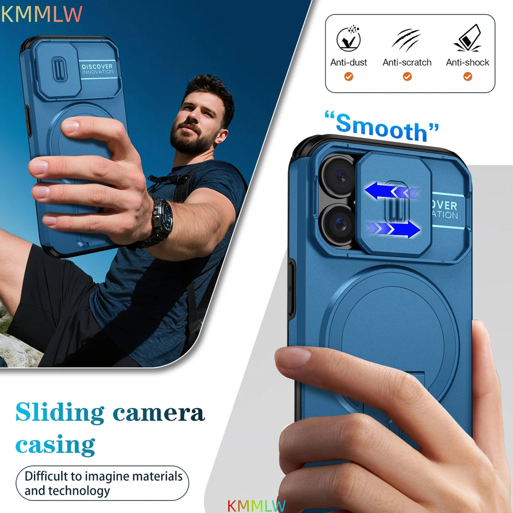 Lens Protect Camera Phone Case for iPhone 16 15 14 13 12 11 Pro Max Plus 16e Magnetic Kickstand Cover