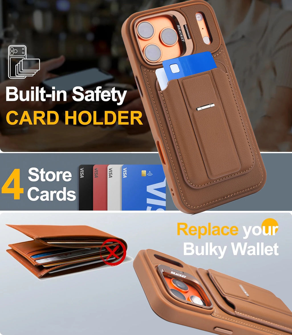 Luxury Folding Stand Wallet Card Slot With Rotating Holder Case For Phone 17pro 17 Pro Max Shockproof Back Cover