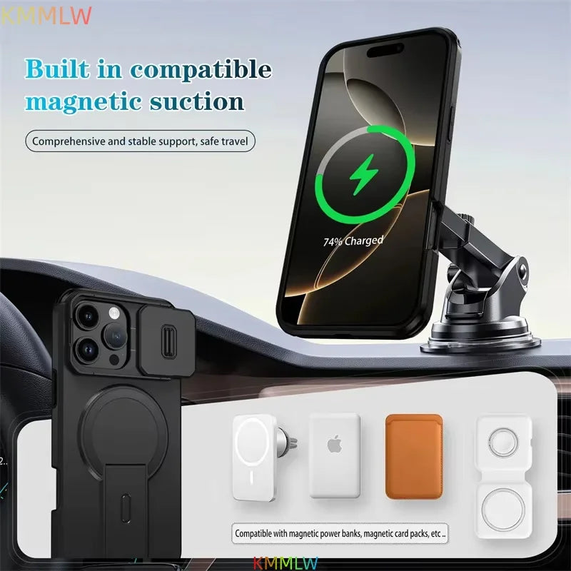 Lens Protect Camera Phone Case for iPhone 13 14 15 16 Pro Max 15Plus 16Plus 14Plus 16e 16 15 14 Pro 17 Magnetic Kickstand Cover