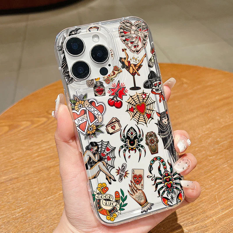 Vintage Tattoo Design Clear phone case For iPhone 17 16 15Pro Max 11 12 13 14Pro Plus Shockproof Funda Shell чехол на айфон