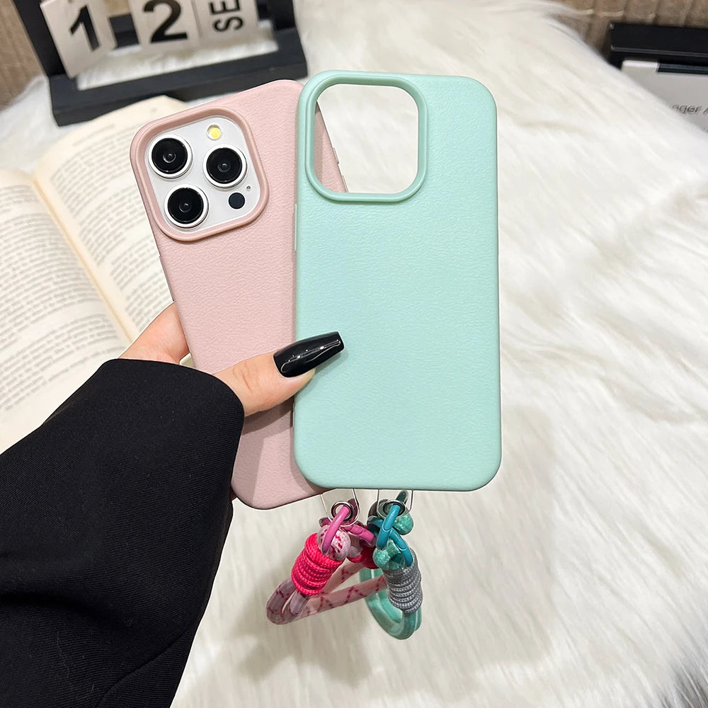 Cute Candy Leather Texture With Wrist Strap Case For iPhone 17 Air 16 15 14 11 12 13 16 Pro Max 16 Plus Solid Color Soft Cover