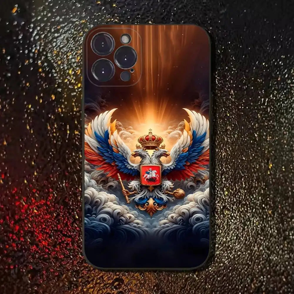 Russia Flag National Emblem Phone Case For iPhone 17,16,15,14,13,12,11,Pro,Max,Plus,E,SE4,Air,Mini Black Precise Hole Matching