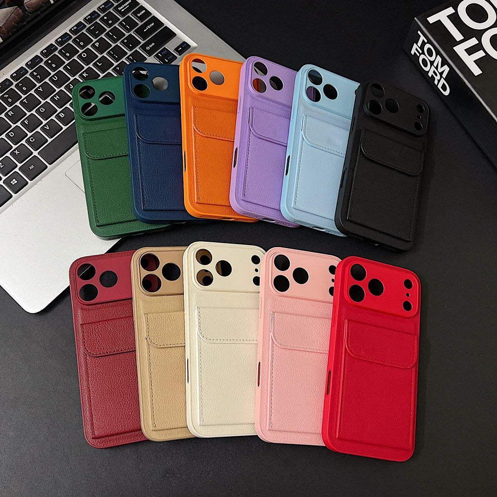 luxury Leather Card Holder Wallet Case For iPhone 11 12 13 mini 14 15 16 E 17 Pro Max 8 7 Plus X Camera Lens Protection Cover