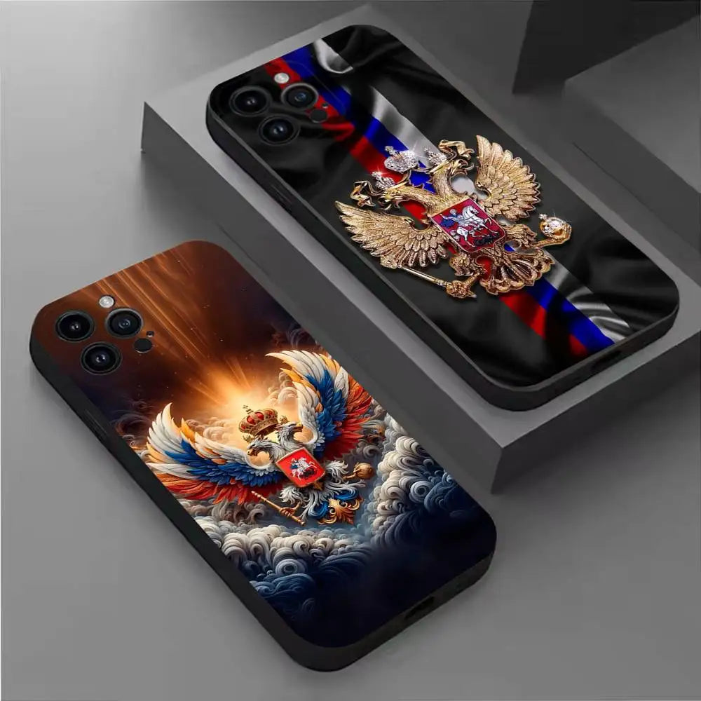 Russia Flag National Emblem Phone Case For iPhone 17,16,15,14,13,12,11,Pro,Max,Plus,E,SE4,Air,Mini Black Precise Hole Matching