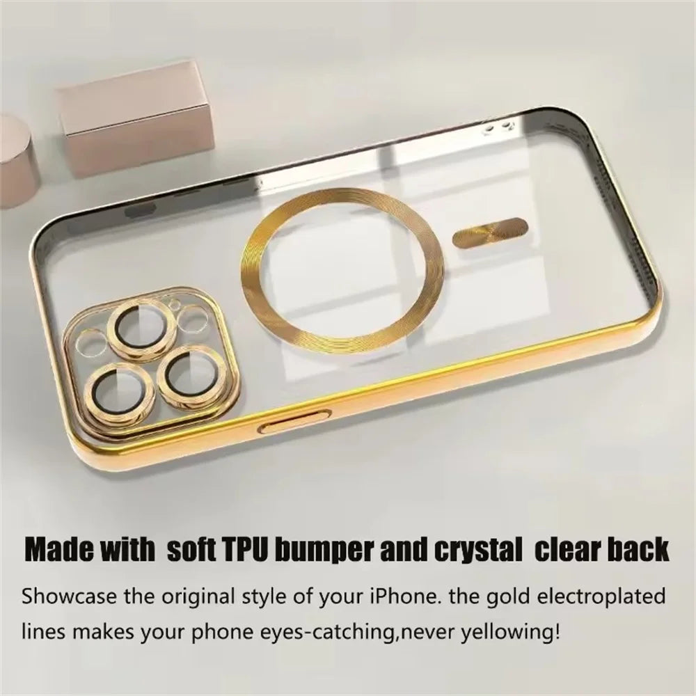 Luxury Plating Clear Magnetic Case For iPhone 17 16 15 12 13 14 Pro Max Plus For Magsafe Wireless Charger Shockproof Phone Cover