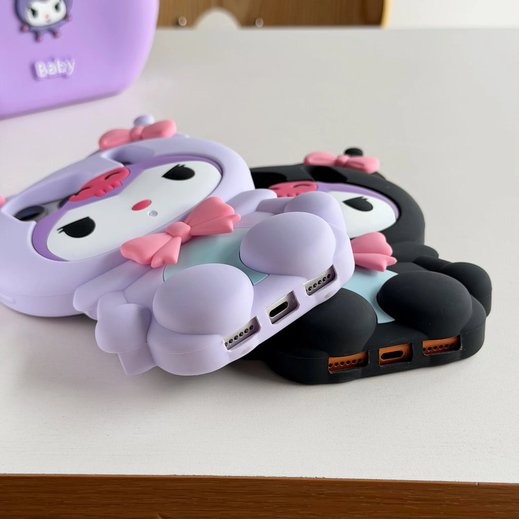 Kawaii Cartoon 3D Kuromi Leg Bracket Phone Case For iPhone 17 16 15 14 13 12 Pro Max Plus 17 Pro 16e Shockproof Cute Phone Cover