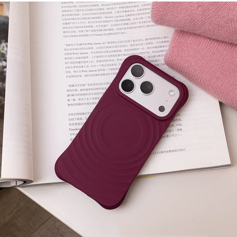 Magnetic 3D Water Ripple Liquid Silicone Protective Case For iPhone 17 17Pro Max 16 15 Solid Color Flocking lining Matte Cover