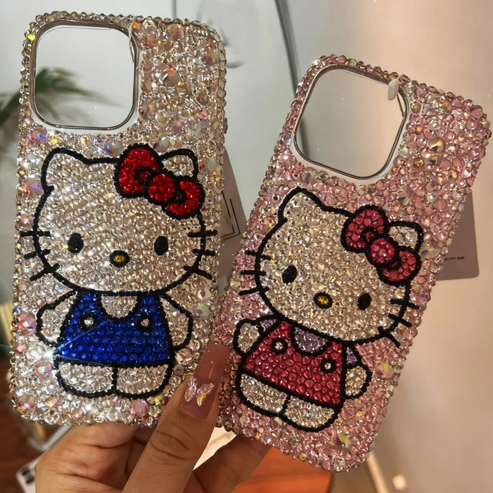 Kawaii Hello Kitty Rhinestone Bling Crystal Phone Case Chain For Iphone 7 8 17 16 15 14 13 12 11Pro Max Plus Shockproof Cover