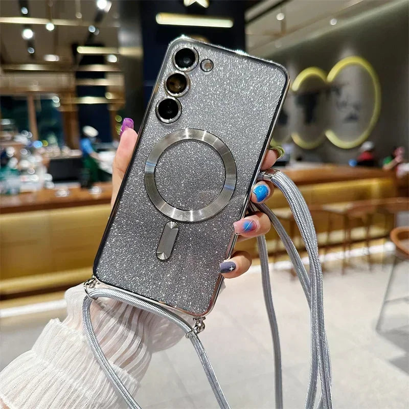 Crossbody Lanyard Glitter Case For Samsung Galaxy S26 S25 Edge S24 S23 S21 FE S22 Ultra Plus For Magsafe Magnetic Soft TPU Cover
