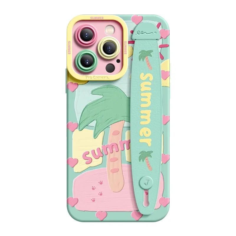 Deluxe Wrist Band Bracket Case Applicable Iphone 1514 13 12 11 ProMax X XR Xs Silicone Cell Phone Protective Cover Coconut Trees
