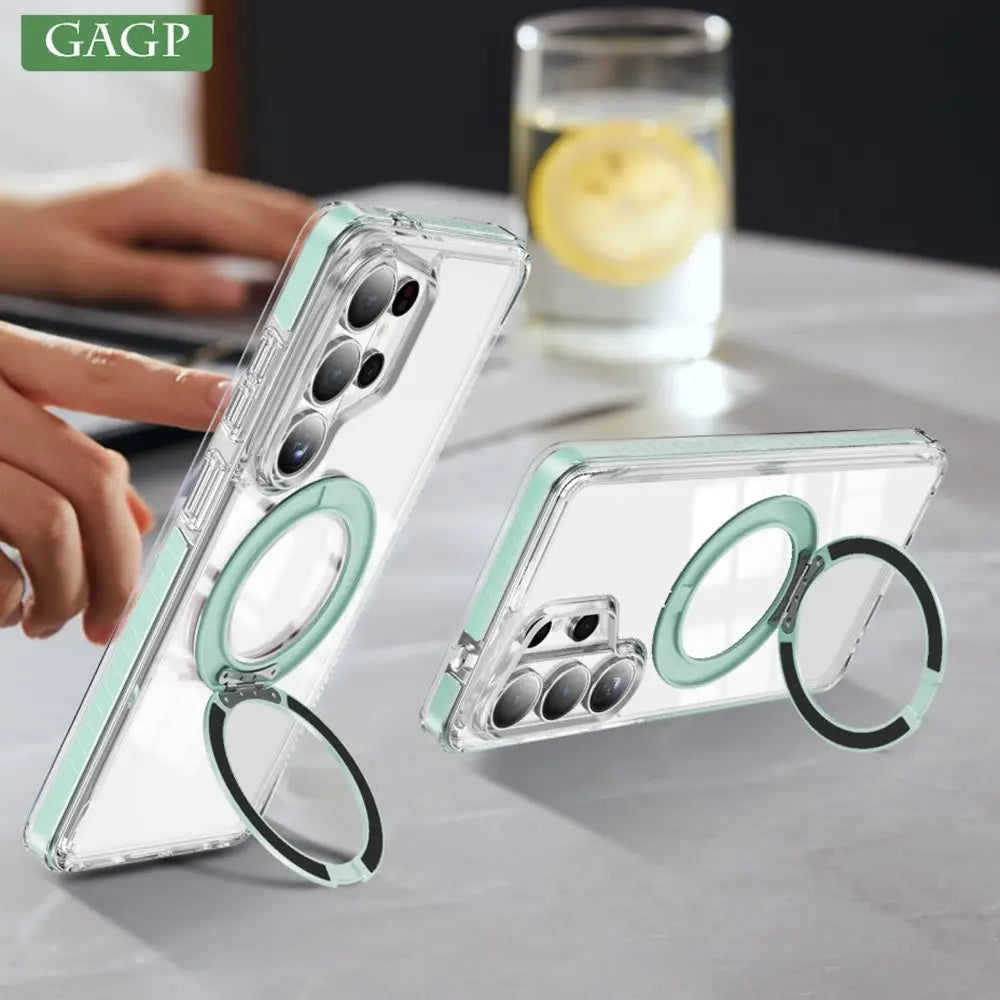 S26 Ultra Bracket For Magsafe Phone Case For Samsung S26 S25 FE S24 Plus S23 Ultra 360° Ring Stand Holder Clear Airbag TPU Cover