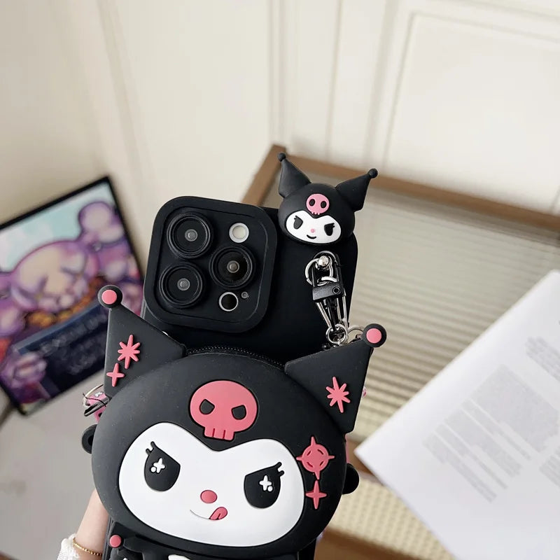 Sanrio Cartoon Kuromi Crossbody Strap Coin Wallet Case For iPhone 17 16 15 14 13 12 11 Pro Max Mini 6 7 8 Plus X XS Max SE Cvoer