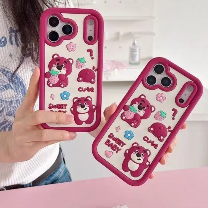 Cute 3D cartoon strawberry bear silicone phone case for iPhone 17 16 15 14 13 12 11 Pro Max xsmax XS 7 8 Plus protective case