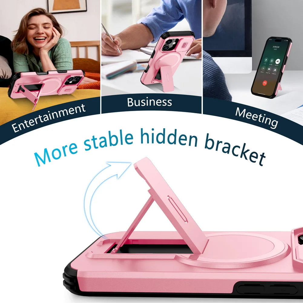Magnetic Kickstand Heavy Duty Case For iPhone 17e 17 16e 16 Pro Max 15 + 14 13 12 11 pro Sliding Camera Lens Protector Cover