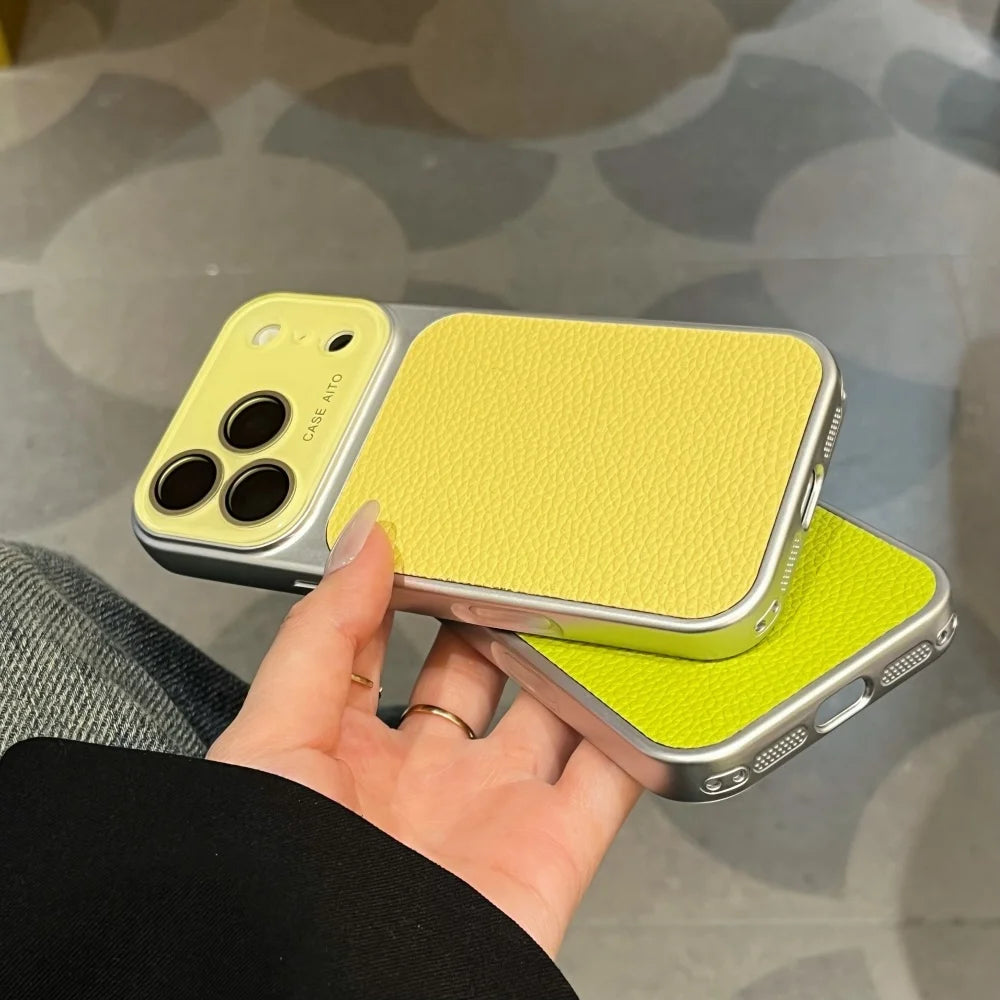 Luxury Lychee Leather PU Phone Case For iPhone 17 16 15 14 Pro Max Frosted Full Bumper Large Window Silvery Frame Non Slip Cover