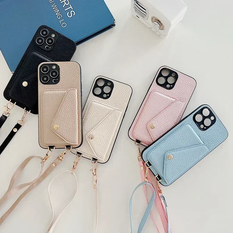 Lanyard Crossbody Strap Leather Phone Case for iPhone 17 Air 16 15 Plus 14 13 12 11 Pro Max  Wallet with Card Holder Cover