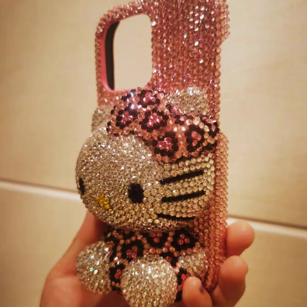Hello Kitty Rhinestone Bling Crystal Phone Case Chain For iPhone17 16 15 14 13 12 11Pro Max X Xs XR 7 8 Plus Transparent Bumper