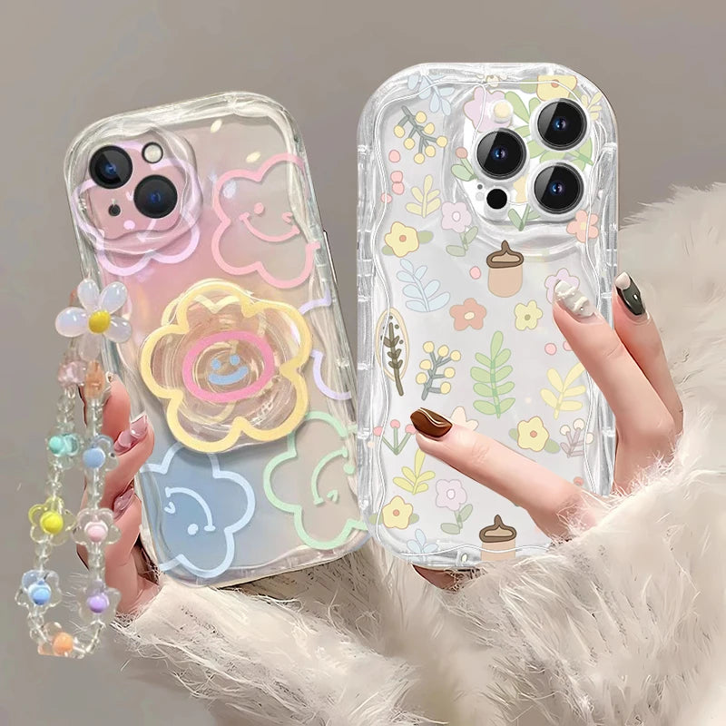 Smile Flower Lanyard Chain Case For Samsung Galaxy S26 S25 FE S24 Ultra Plus FE A17 A57 A37 A56 A55 A16 A15 A54 A53 A36 A26 5G