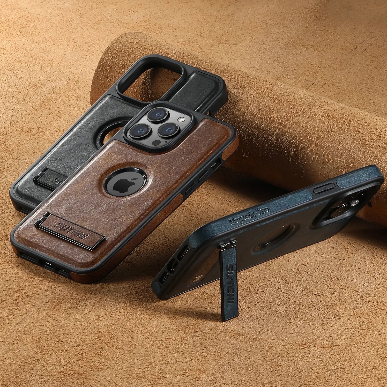 For iPhone 15 14 13 12 Pro Max Leather Case, [Compatible with Mag-safe] Built-in Invisible Stand Protective Slim Kickstand Cover