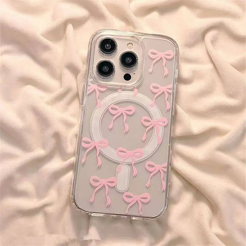 Ins Korea Girl Full Screen Pink Blue Bow For Magsafe Phone Case For iPhone 11 12 13 14 15 16 17 Air Pro Max Plus MINI Y2K Cover