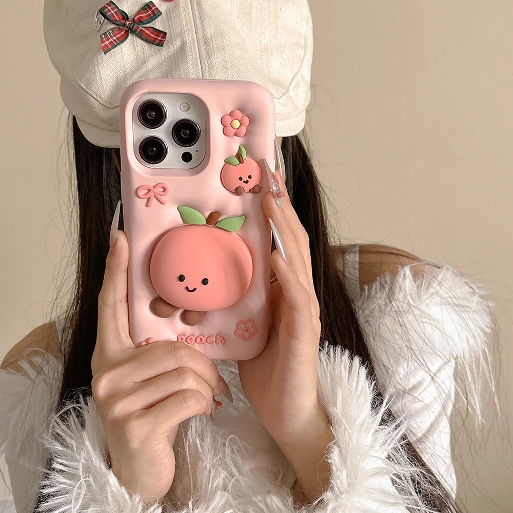 Kawaii Summer Fruit Floral Peach Bracket Soft Silicone Case Stand Holder Shockproof Cover for iPhone 17 16 15 14 13 12 Pro Max