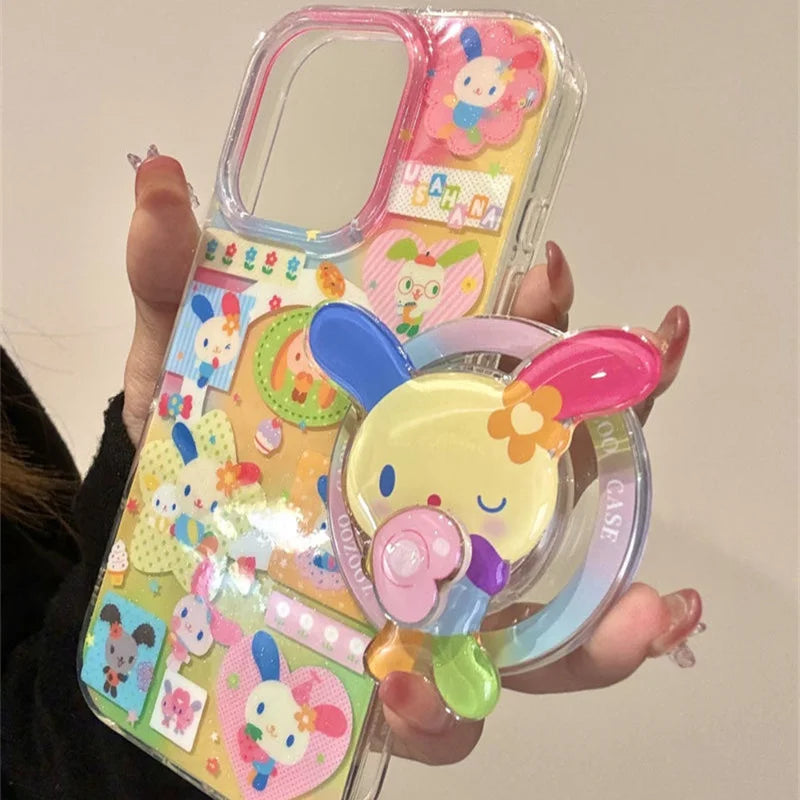Magnetic color splicing color ear rabbit phone case with rotating magnetic bracket for iPhone 11 12 13 14 15 16 17 pro max