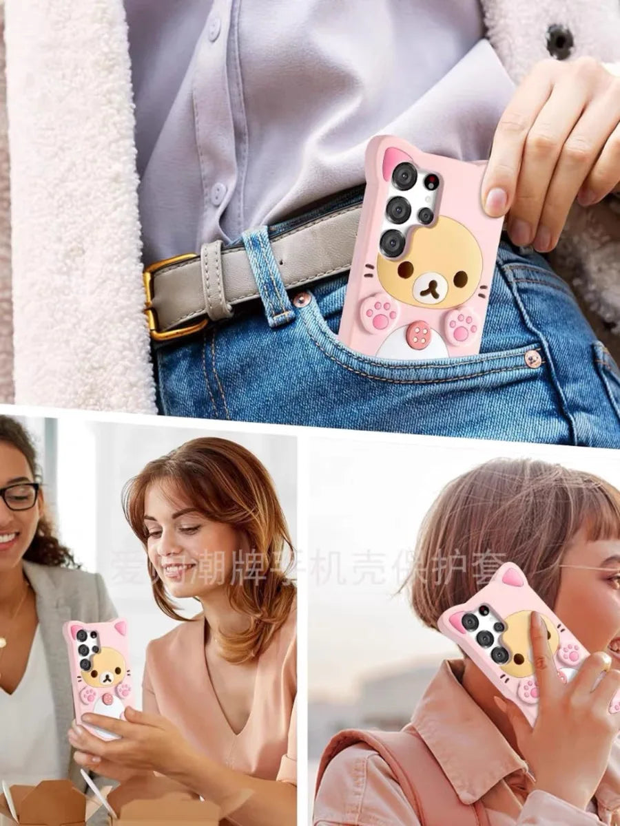 Lovely Bear Paw Pink Ears Cartoon Silicon Soft Phone Case for Samsung Galaxy A15 A14 A54 A53 S24 Ultra S23 Plus S22 S21 S20 FE