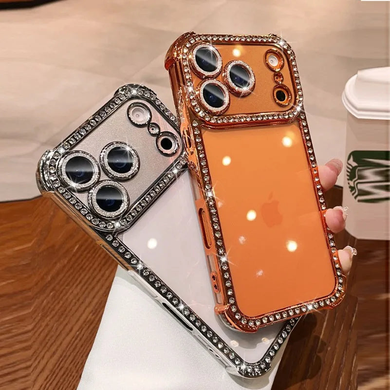 Airbag Bling Diamond Bumper Case For iPhone 17 16 15 14 13 Pro Max Glass Lens Film Transparent Plating Soft 17 16 ProMax Cover