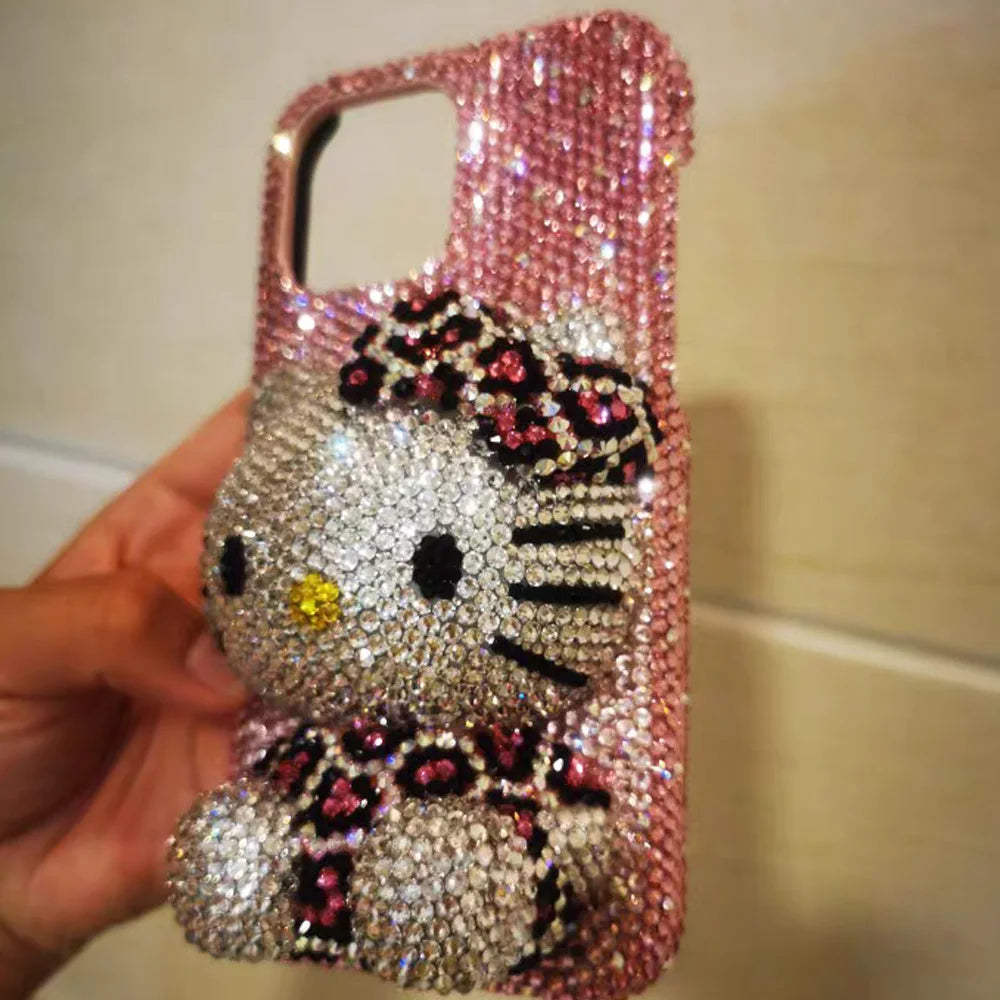 Hello Kitty Rhinestone Bling Crystal Phone Case Chain For iPhone17 16 15 14 13 12 11Pro Max X Xs XR 7 8 Plus Transparent Bumper