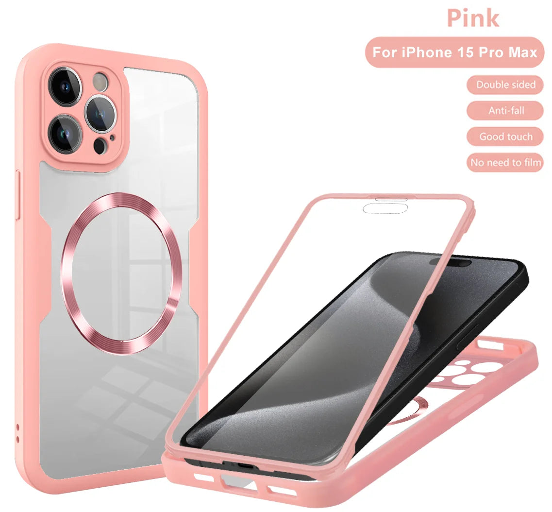 360 Double Sided Full Protection Magnetic Phone Case For iPhone 15 14 12 13 11 Pro Max 16 Plus with Screen Protector Clear Cover