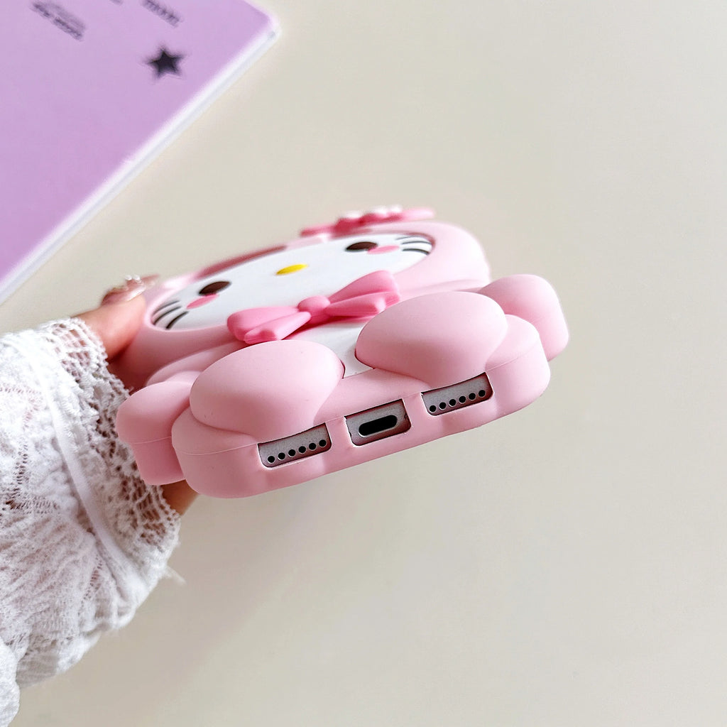 Lovely 3D Bow Hello Kitty Leg Stand Case for iPhone 17 16 15 14 13 12 Pro Max Plus Shockproof Soft Silicone Holder Phone Cover