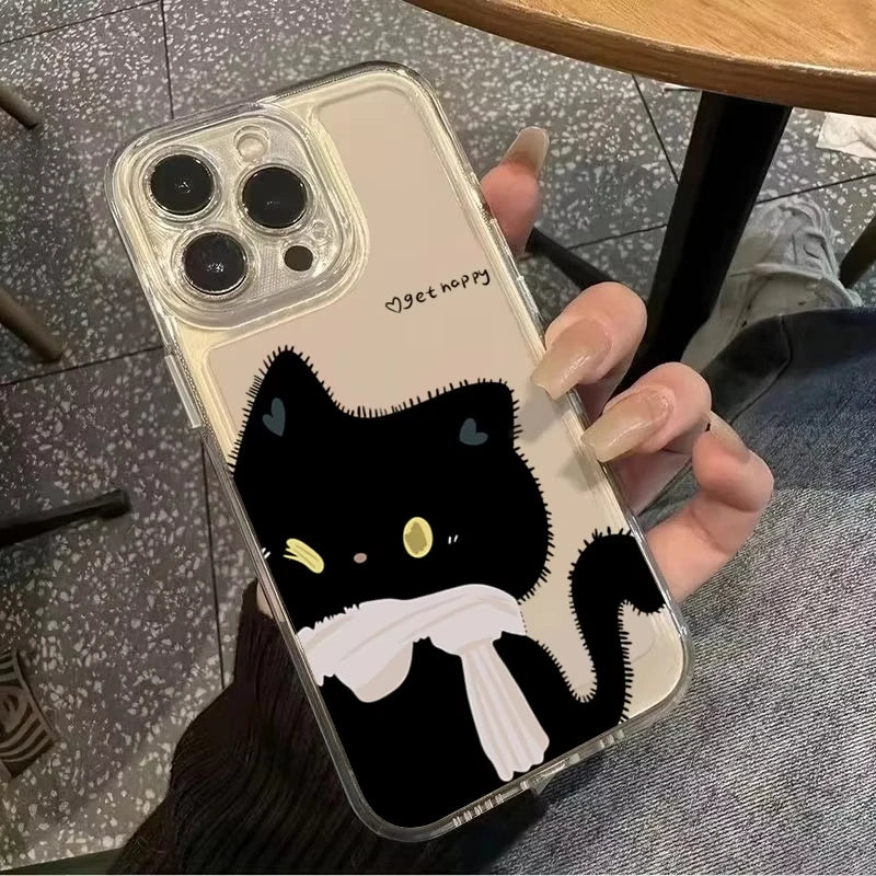 Cartoon Black White Cat Couple Phone Case For iPhone 17 Pro Max 16 15 Pro 14 13 Mini 12 11 17Air 16 Plus Clear Bumper Cover