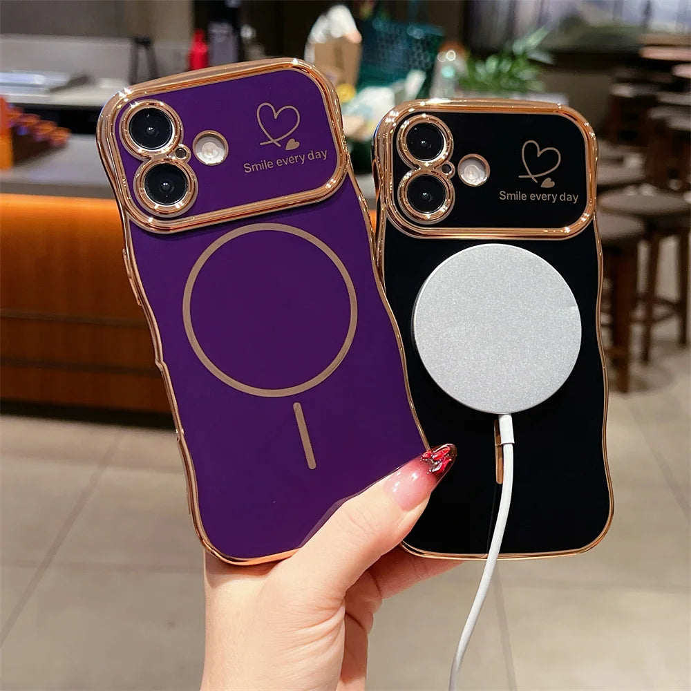 Fashion Wave Heart Shape Electroplating for Magsafe Case for iPhone 16 Pro Max 15 14 13 12 11 Magnetic Wirelesss Charge Cover