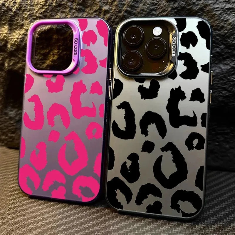 Leopard Print Electroplate Silver IMD Phone Case For iPhone 16 15 14 13 12 11 Pro Max 15 Plus Matte Shockproof Back Cover