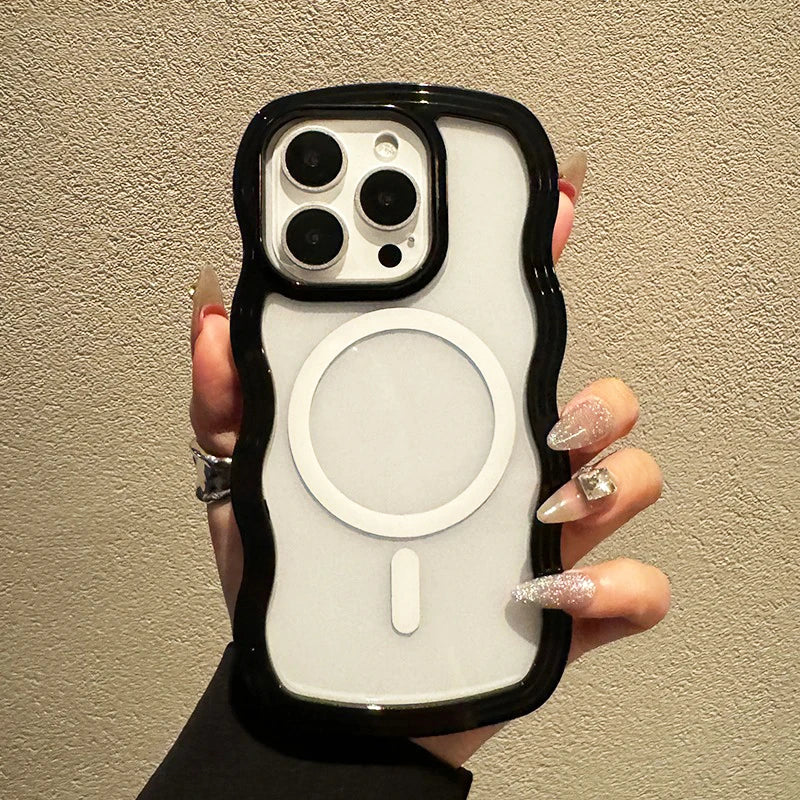 2 in 1 Wavy Frame Phone Case For iPhone 15 Pro Max 17 Air 16 14 13 11 12 Magnetic Wireless Charge Shockproof Back Cover