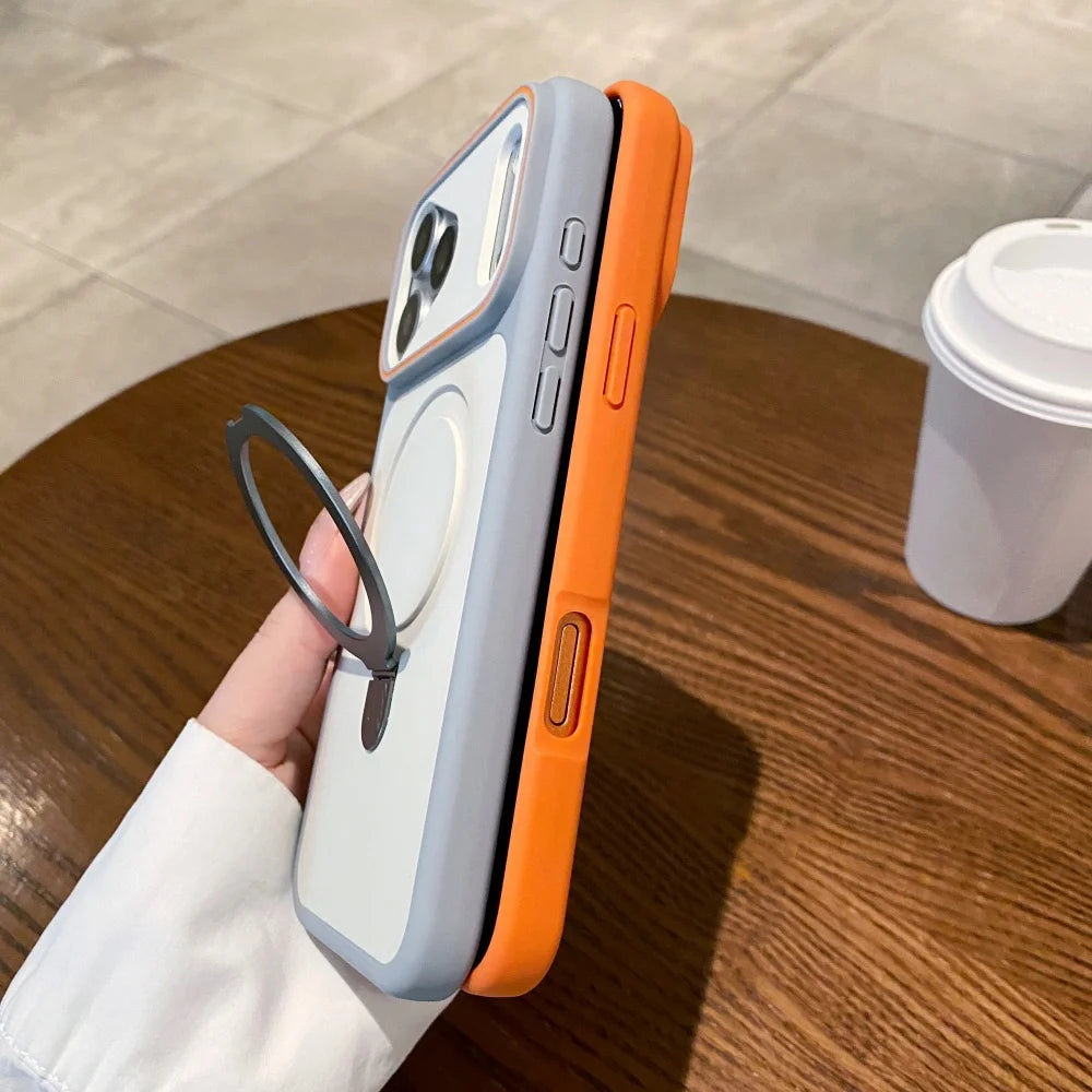 Luxury For Magsafe Magnetic Fold Metal Bracket Phone Case For iPhone 17 Air 16 15 14 Plus 13 12 Pro Max Matte Shockproof Cover
