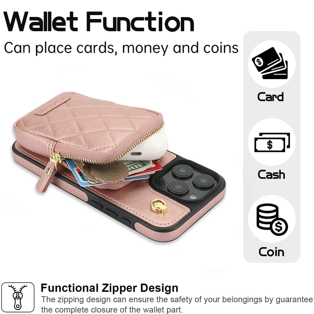 Zipper Cards Solt Leather Wallet Crossbody Lanyard Case For iPhone 16 Pro Max 14 15 13 12 11 14Plus Pocket Bag Hand Strap Cover