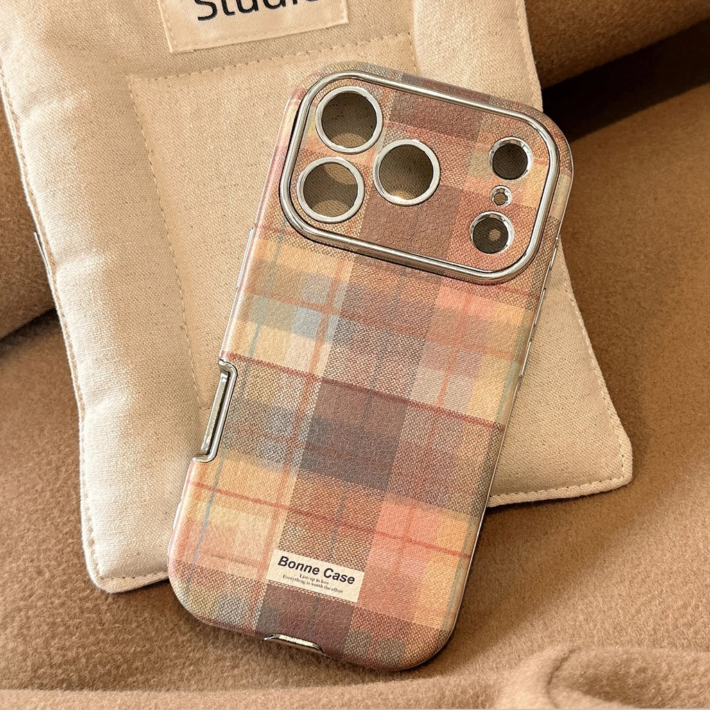 Korean Grid Pattern Cloth Texture Plating Phone Case With Stars Strap For iPhone 17 16 15 14 13 12 11 Pro Max Shockproof Cover
