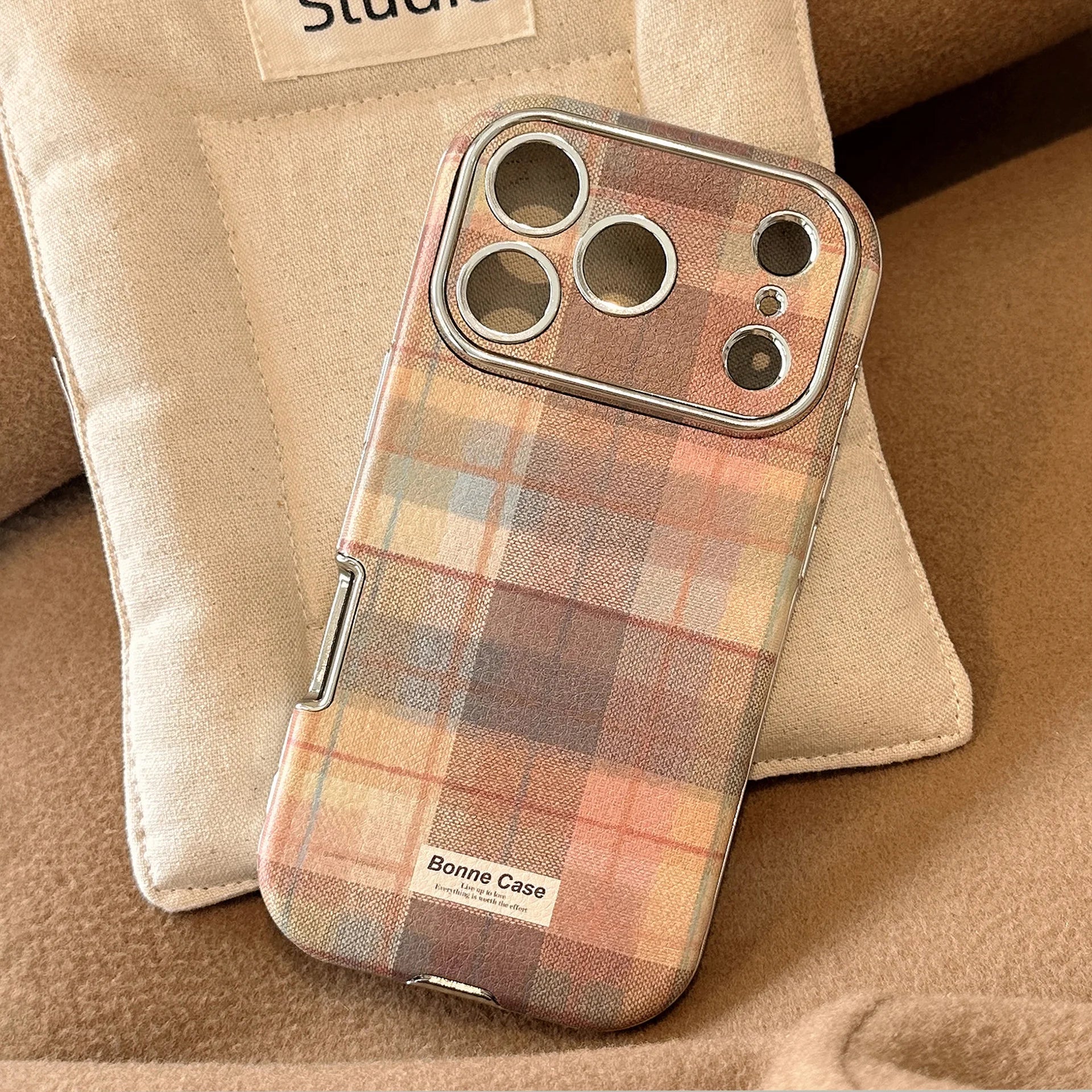 Korean Grid Pattern Cloth Texture Plating Phone Case With Stars Strap For iPhone 17 16 15 14 13 12 11 Pro Max Shockproof Cover