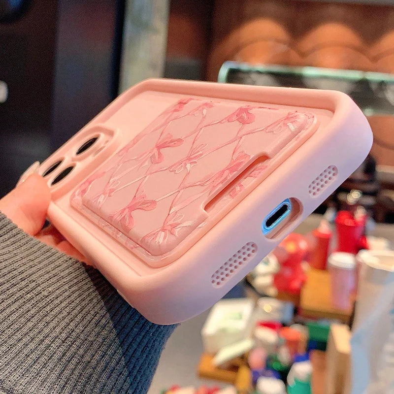 Pink Bow Pattern Card Slot Pocket Phone Case For iPhone 17 Pro Max 16 15 14 13 12 11 Pro 7 8 Plus X XS Shockproof Silicone Cover
