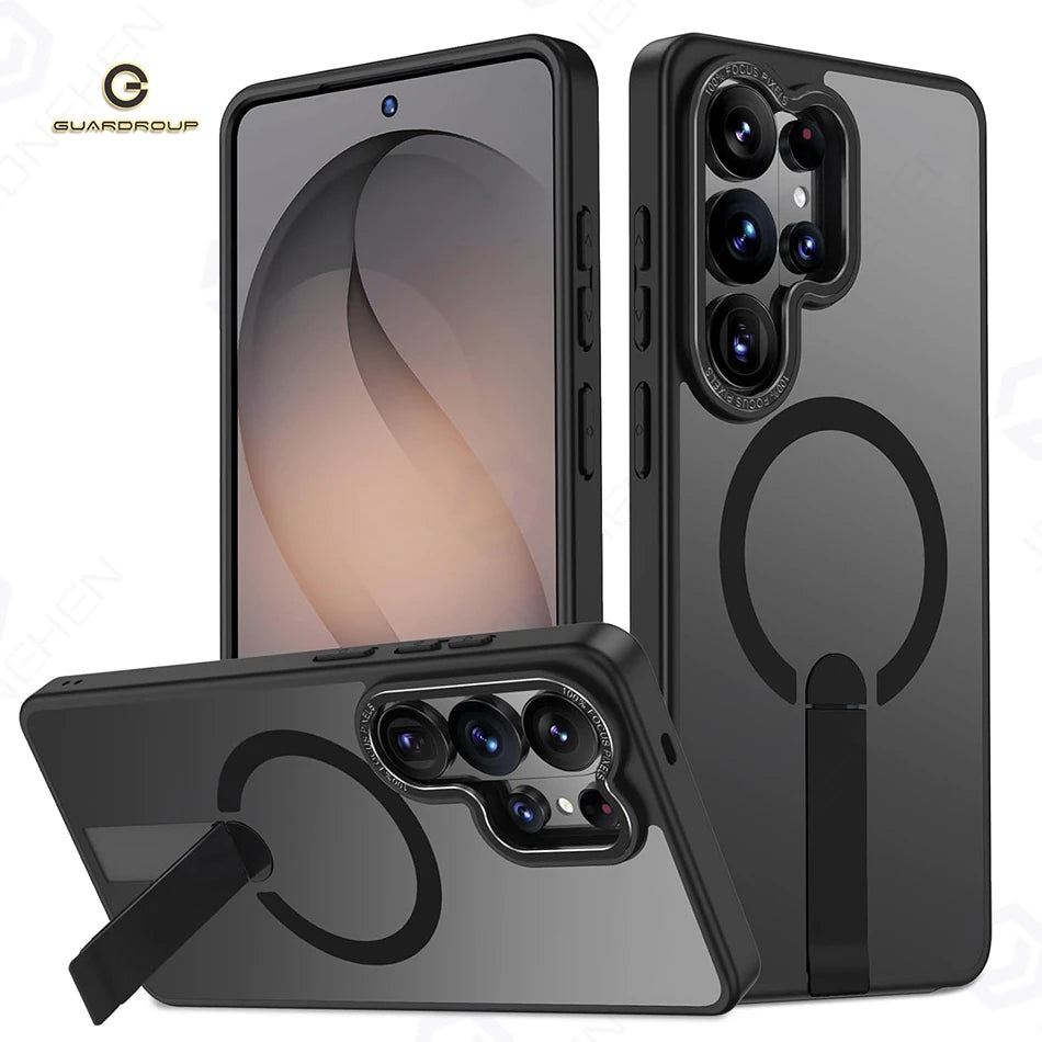 Luxury For Magsafe Wireless Magnetic Charging Case For Samsung Galaxy S25 Plus S24 S23 S26 Ultra S24 FE Stand Holder Clear Cover