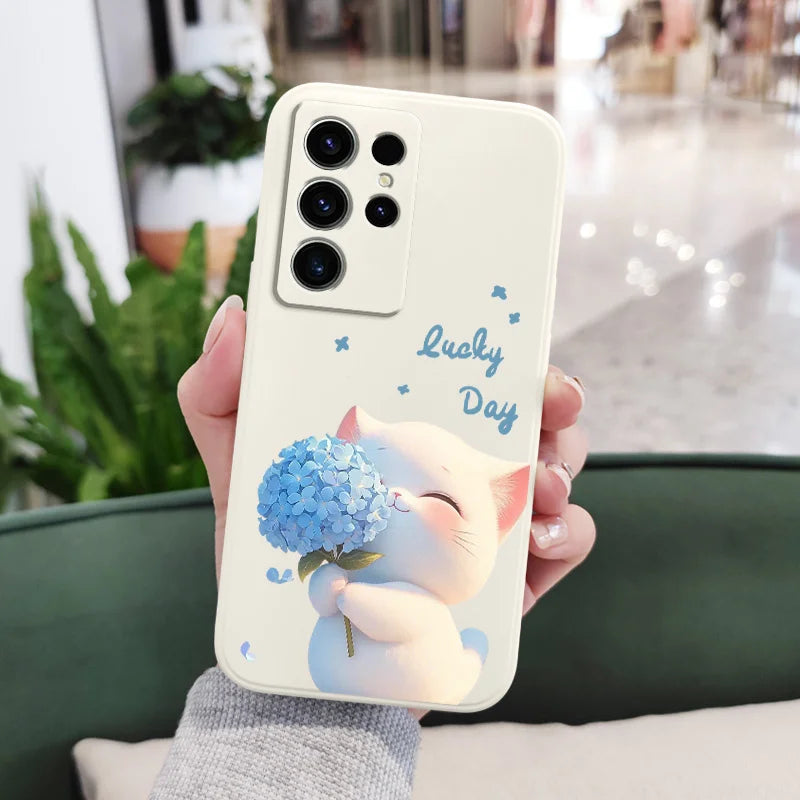 Blue Silk Cat Phone Case For Samsung Galaxy S26 Plus Ultra Silicone Cover