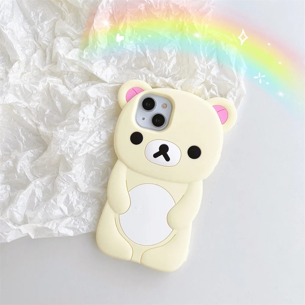 For iPhone 17 16 15 14 13 12 11 Pro Max XR 5 6 7 8 Plus 17promax Cartoon 3D Pink Rabbit Bear Rilakkuma Phone Case Silicone Cover