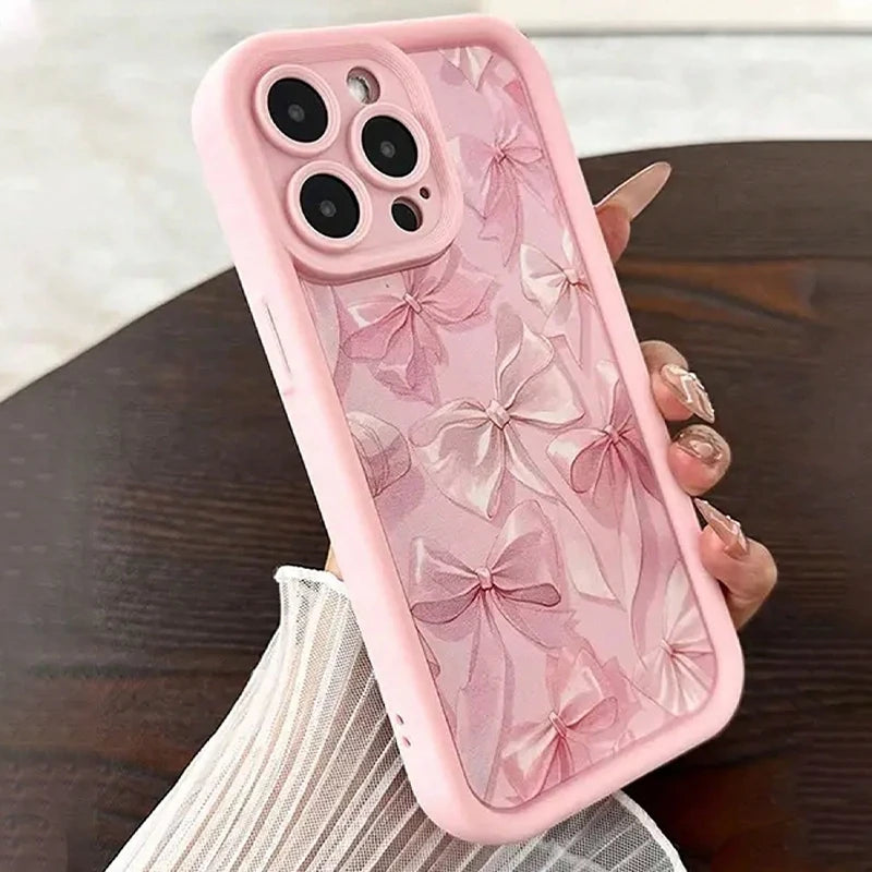 Luxury Pink Bowknot Pattern Phone Case For iPhone 17 Air 16 15 14 13 12 11 Pro Max 16E 7 8 Plus With Lanyard Lanyard Rope Cover