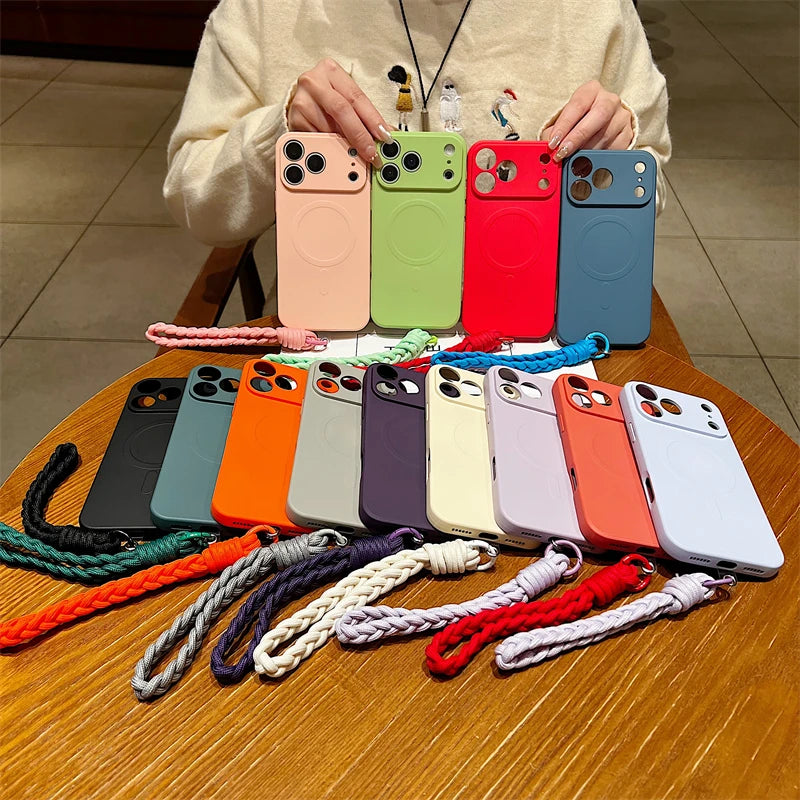 For Magsafe Liquid Silicone Magnetic Matte Case for iPhone 17 Air 16e 15 14 13 12 11 Pro Max Plus Wrist Strap Lanyard Soft Cover