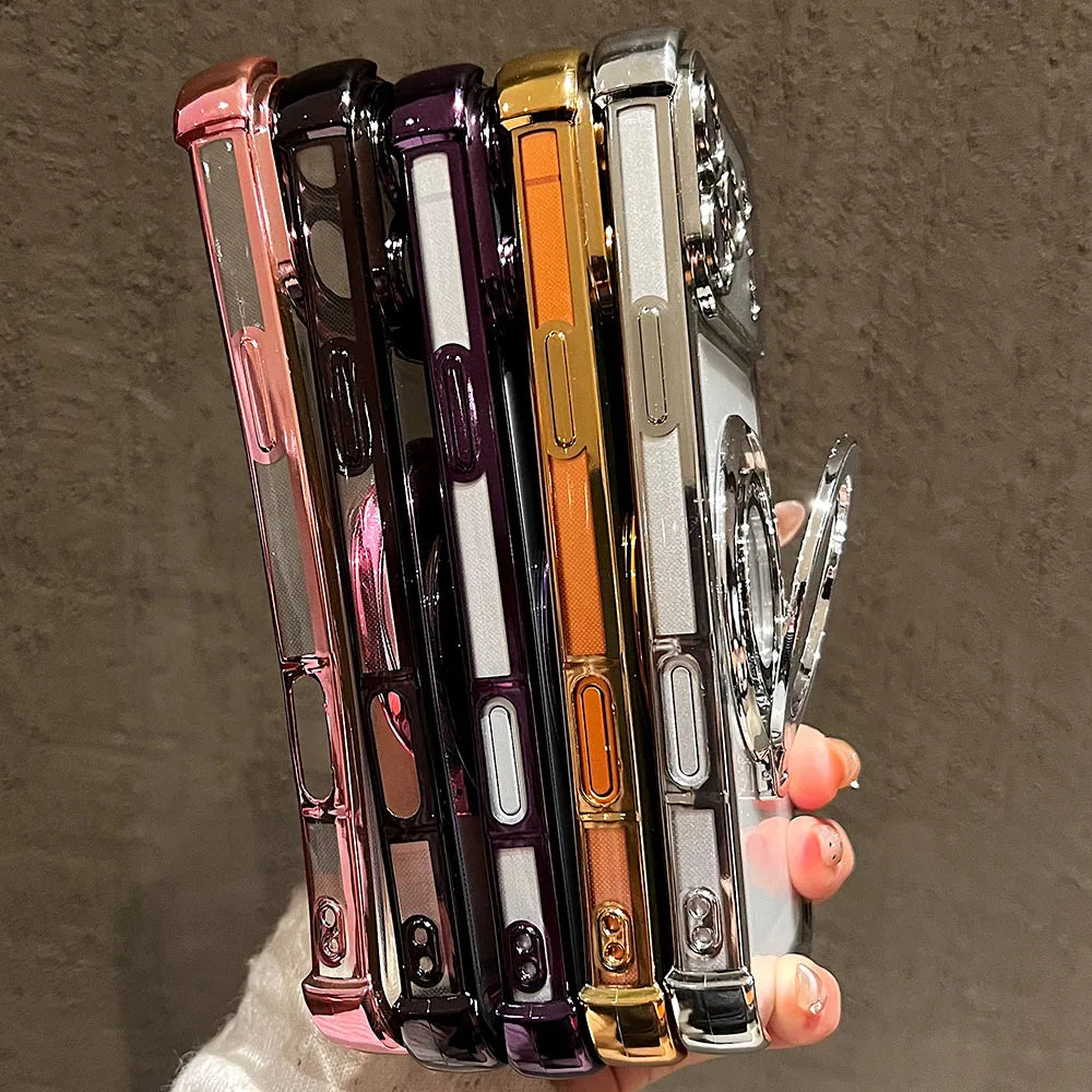 Premium Transparent Magnetic TPU Case for iPhone 17 16 15 14 13 12 11 Pro Max 16Plus Air With Ring Stand Plated Clear Soft Cover