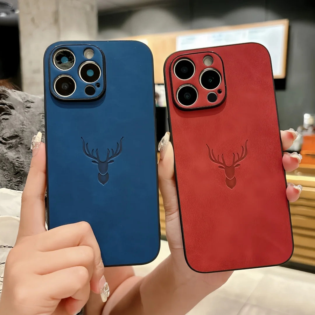 Retro Deer Pattern Leather Matte Shockproof Case For iPhone 16E 15 14 Plus 11 12 13 16 Pro Max XS XR Suede Bumper Silicone Cover